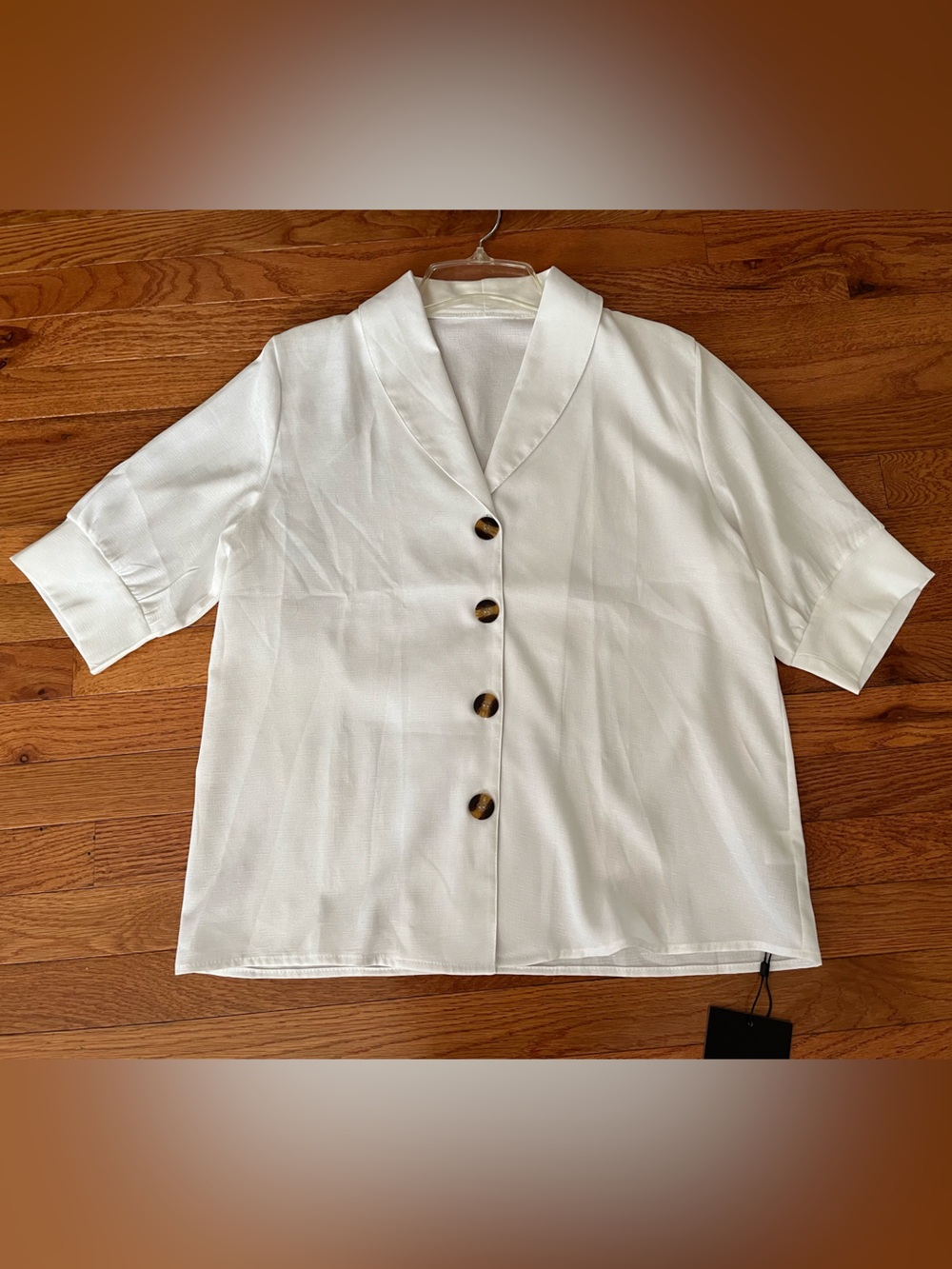 NWT Trendy Classic White Short-Sleeve Button Front Collar Blouse Linen Look sz L